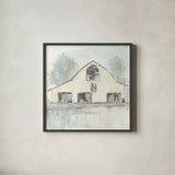 White Barn V by Chris Paschke. Shown in a sleek black glass frame for a contemporary gallery look. Available as an archival giclee rolled canvas, fine art paper, or poster print. SKU 62510a.