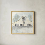 White Barn V by Chris Paschke. Shown in a natural wood glass frame for a timeless modern aesthetic. Available as an archival giclee rolled canvas, fine art paper, or poster print. SKU 62510a.