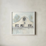 White Barn V by Chris Paschke. Shown in a crisp white glass frame for a clean and minimalist style. Available as an archival giclee rolled canvas, fine art paper, or poster print. SKU 62510a.