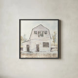 White Barn VI by Chris Paschke. Shown in a sleek black glass frame for a contemporary gallery look. Available as an archival giclee rolled canvas, fine art paper, or poster print. SKU 62511a.