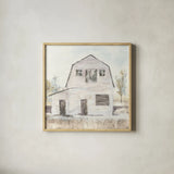 White Barn VI by Chris Paschke. Shown in a natural wood glass frame for a timeless modern aesthetic. Available as an archival giclee rolled canvas, fine art paper, or poster print. SKU 62511a.