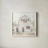 White Barn VI by Chris Paschke. Shown in a crisp white glass frame for a clean and minimalist style. Available as an archival giclee rolled canvas, fine art paper, or poster print. SKU 62511a.