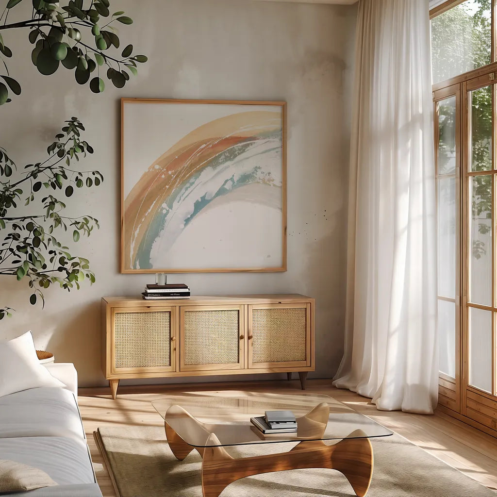 White Dots I by Chris Paschke. Shown in a natural wood frame in a cozy modern living room. Available as an archival giclee rolled canvas, fine art paper, or poster print. SKU 82270a.