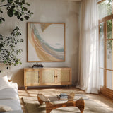 White Dots III by Chris Paschke. Shown in a natural wood frame in a cozy modern living room. Available as an archival giclee rolled canvas, fine art paper, or poster print. SKU 82272a.