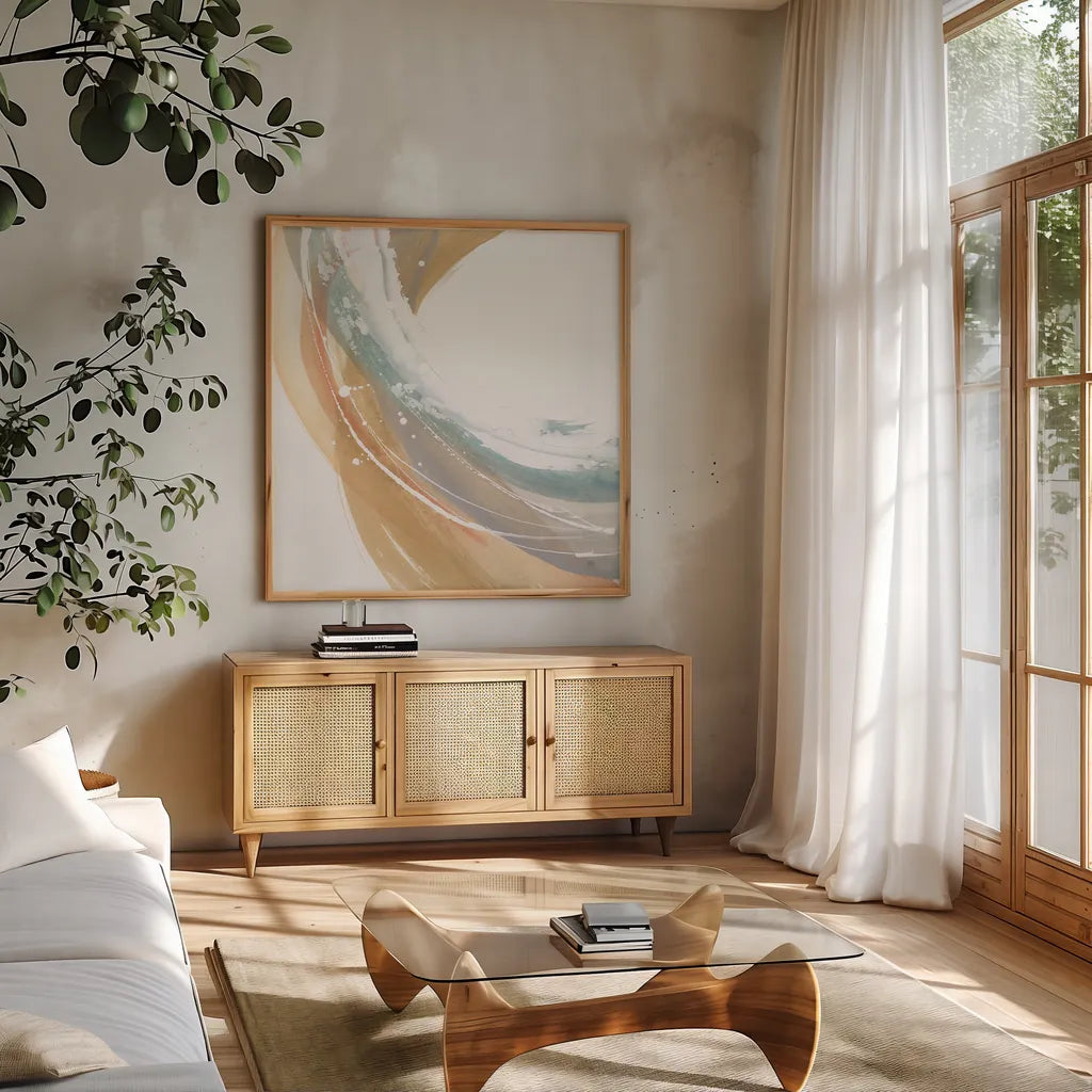 White Dots III by Chris Paschke. Shown in a natural wood frame in a cozy modern living room. Available as an archival giclee rolled canvas, fine art paper, or poster print. SKU 82272a.