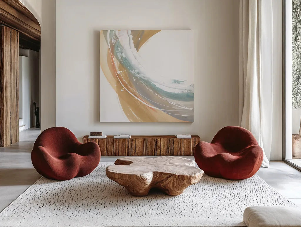 White Dots III by Chris Paschke. Shown as extra-large giant wall art in a modern living room. Available as an archival giclee rolled canvas, fine art paper, or poster print. SKU 82272a.