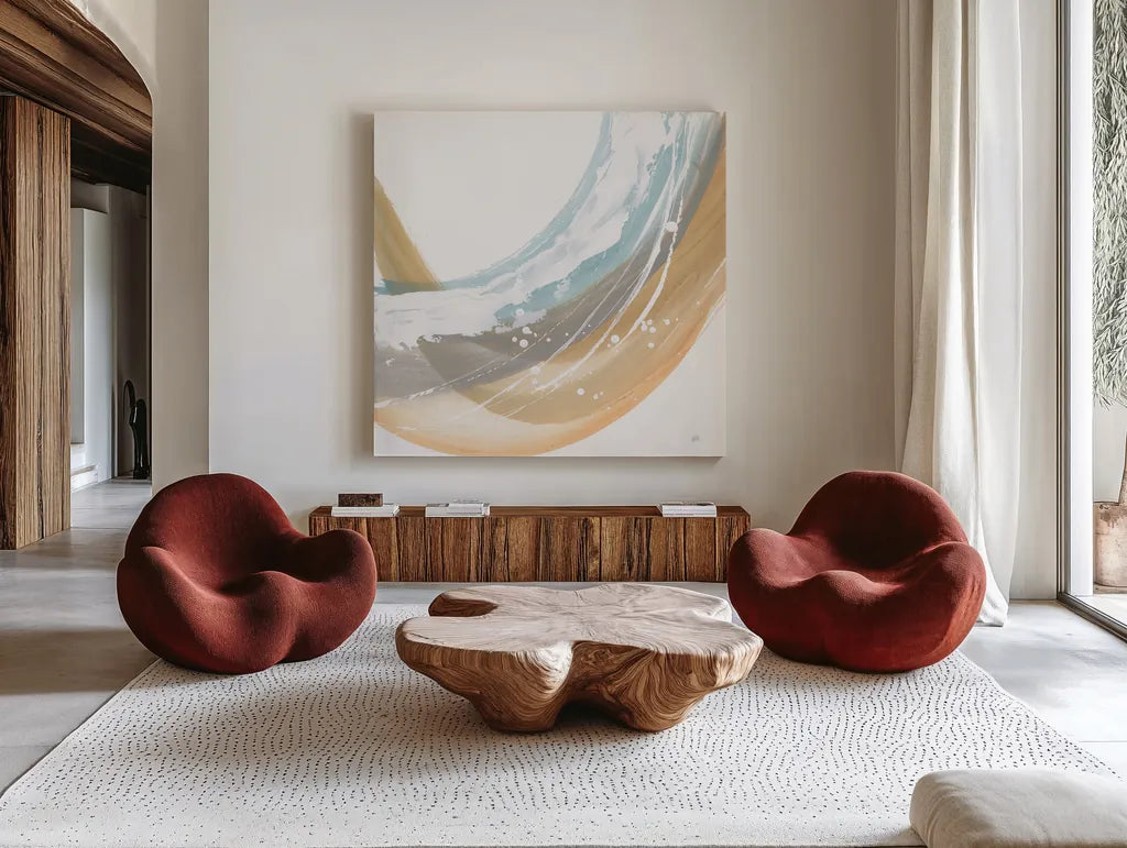 White Dots IV by Chris Paschke. Shown as extra-large giant wall art in a modern living room. Available as an archival giclee rolled canvas, fine art paper, or poster print. SKU 82273a.