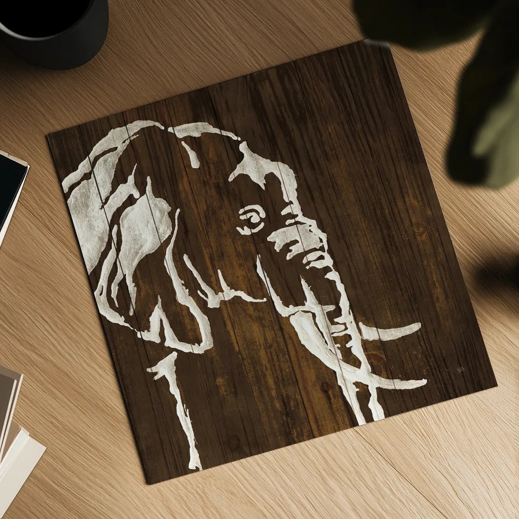 White Elephant on Dark Wood by Chris Paschke. Shown as a detailed flat fine art print, highlighting archival giclee quality. Available as an archival giclee rolled canvas, fine art paper, or poster print. SKU 50036a.