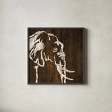 White Elephant on Dark Wood by Chris Paschke. Shown in a sleek black glass frame for a contemporary gallery look. Available as an archival giclee rolled canvas, fine art paper, or poster print. SKU 50036a.