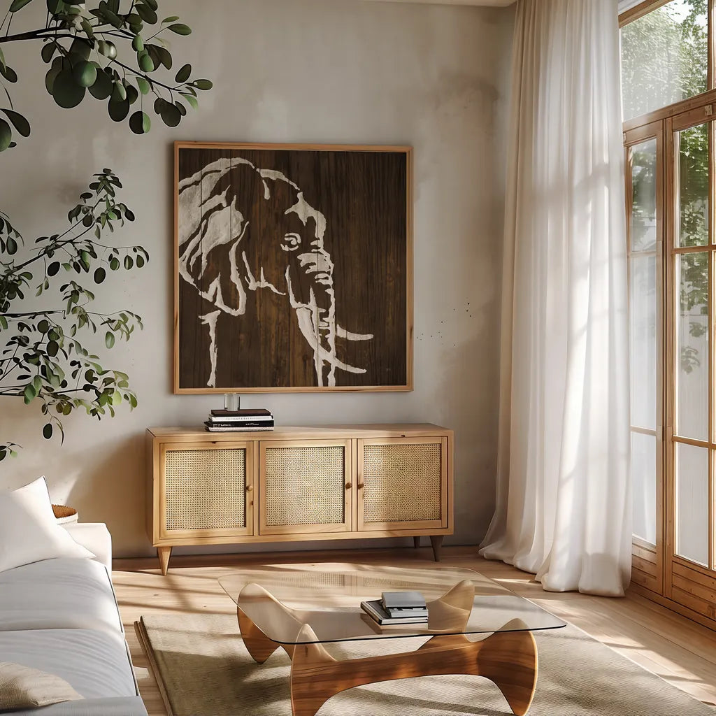 White Elephant on Dark Wood by Chris Paschke. Shown in a natural wood frame in a cozy modern living room. Available as an archival giclee rolled canvas, fine art paper, or poster print. SKU 50036a.