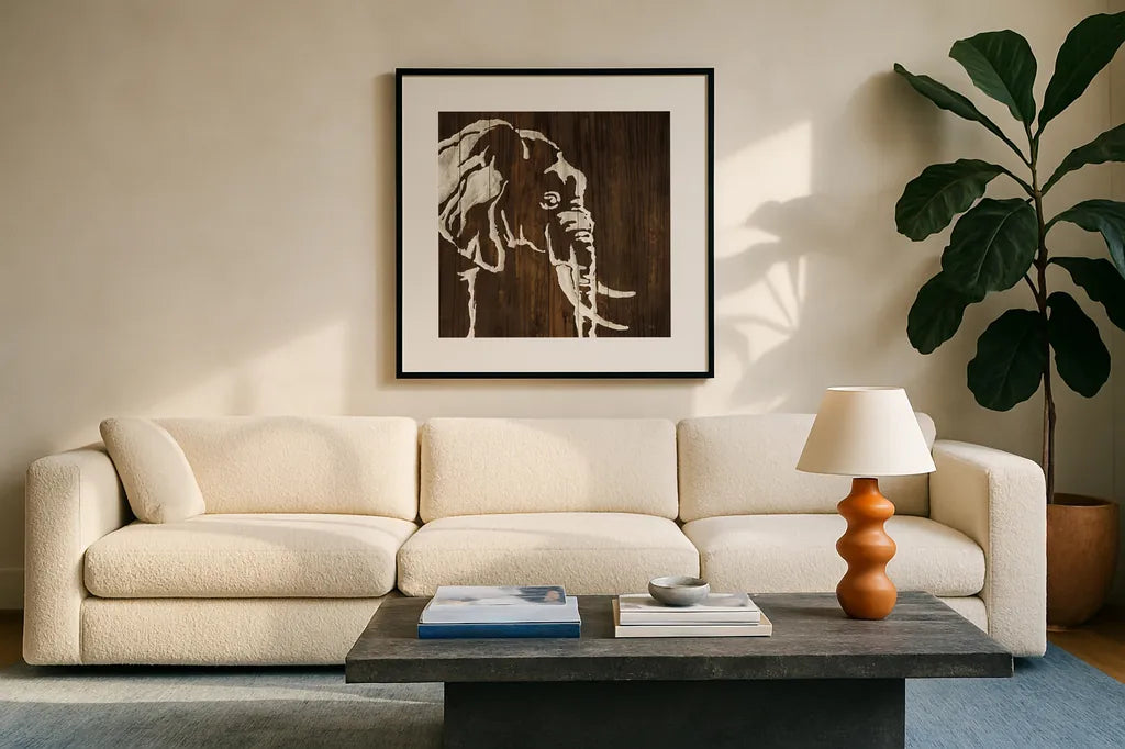 White Elephant on Dark Wood by Chris Paschke. Displayed in a glass frame with matte in a clean modern living room. Available as an archival giclee rolled canvas, fine art paper, or poster print. SKU 50036a.