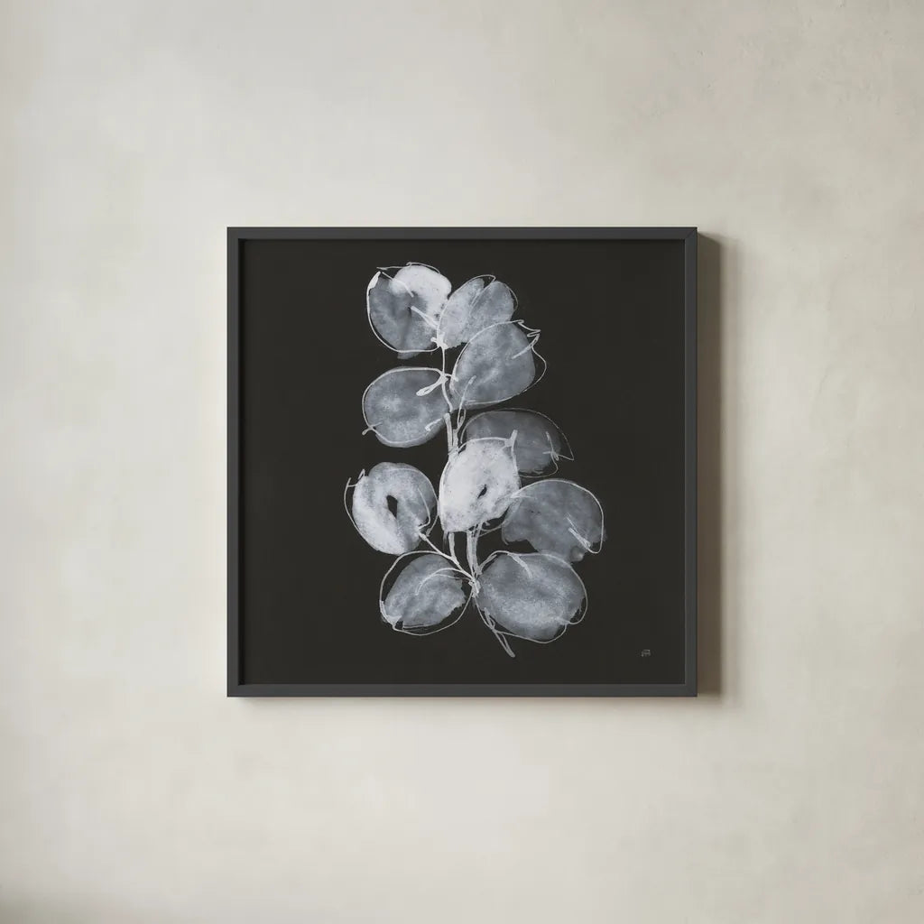 White Eucalyptus I by Chris Paschke. Shown in a sleek black glass frame for a contemporary gallery look. Available as an archival giclee rolled canvas, fine art paper, or poster print. SKU 73087a.