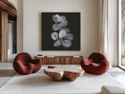 White Eucalyptus I by Chris Paschke. Shown as extra-large giant wall art in a modern living room. Available as an archival giclee rolled canvas, fine art paper, or poster print. SKU 73087a.