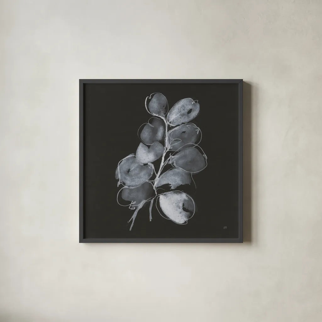 White Eucalyptus II by Chris Paschke. Shown in a sleek black glass frame for a contemporary gallery look. Available as an archival giclee rolled canvas, fine art paper, or poster print. SKU 73088a.