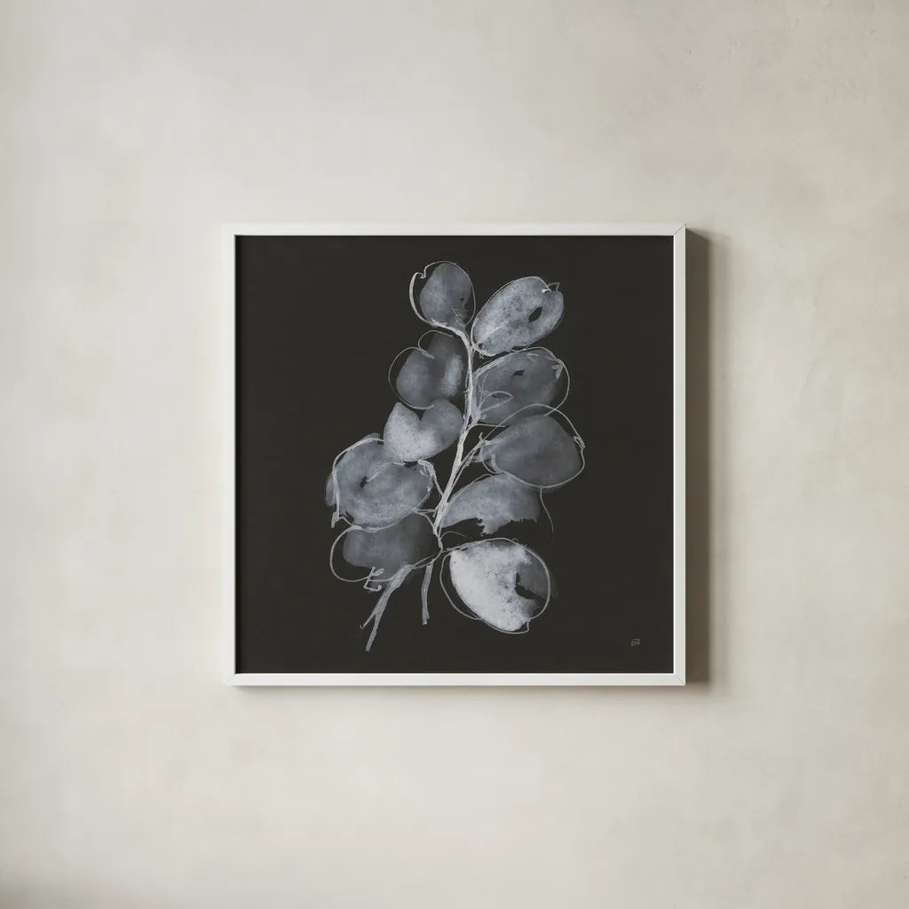 White Eucalyptus II by Chris Paschke. Shown in a crisp white glass frame for a clean and minimalist style. Available as an archival giclee rolled canvas, fine art paper, or poster print. SKU 73088a.