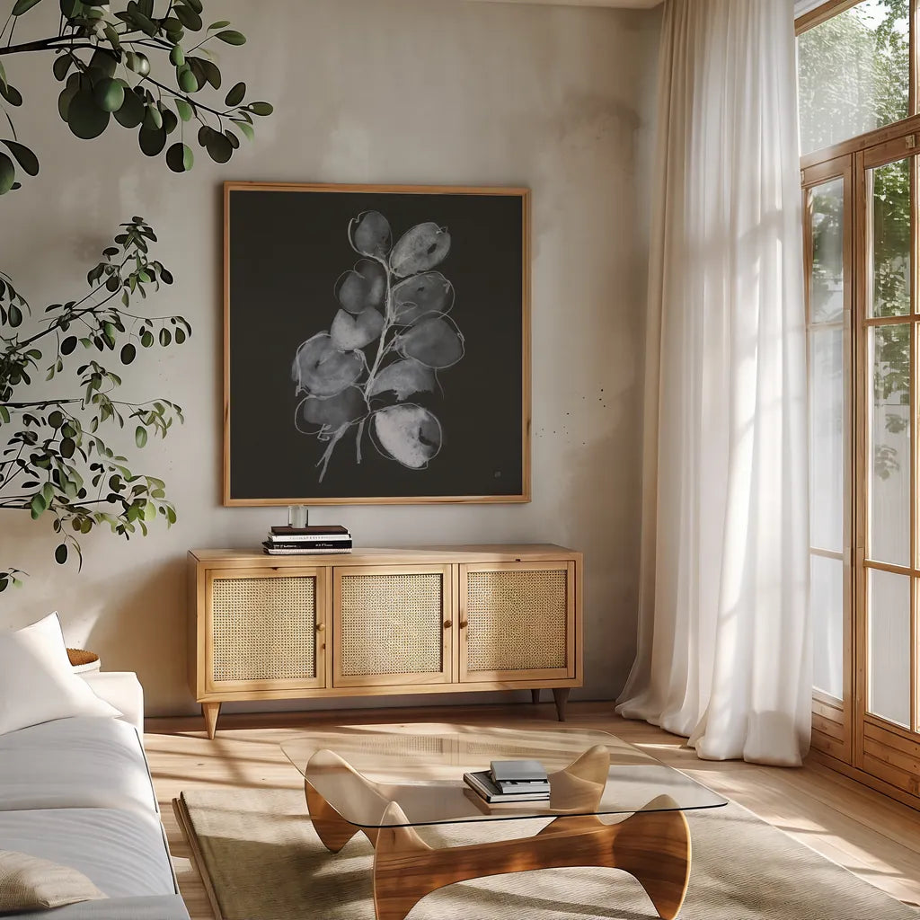 White Eucalyptus II by Chris Paschke. Shown in a natural wood frame in a cozy modern living room. Available as an archival giclee rolled canvas, fine art paper, or poster print. SKU 73088a.
