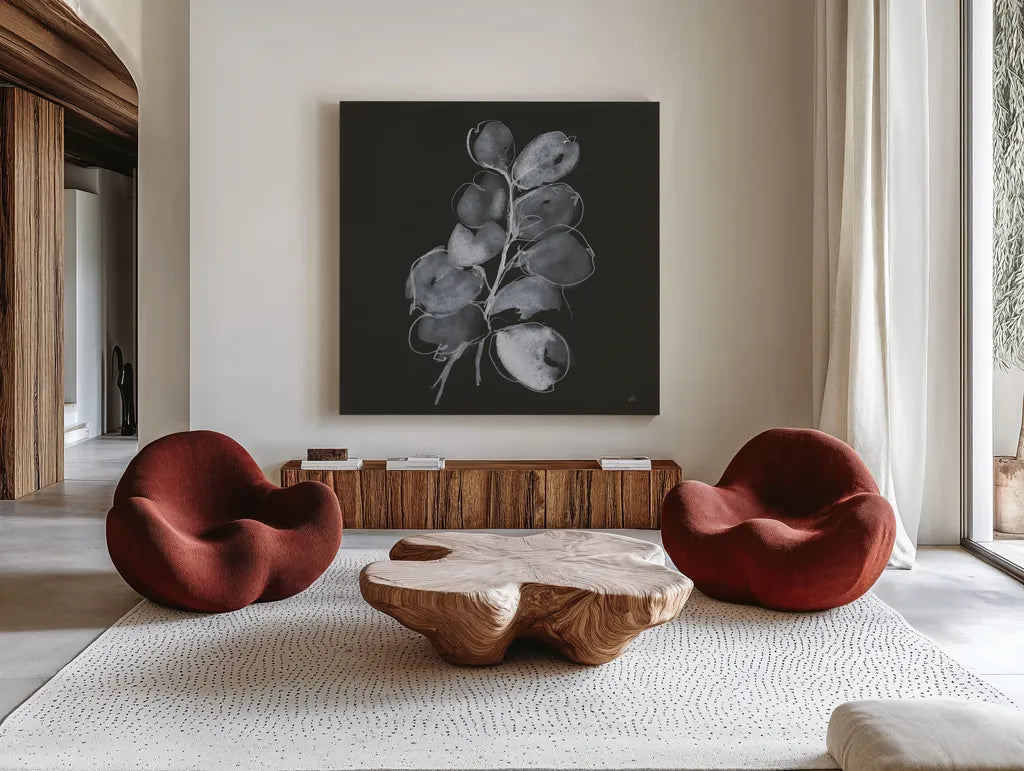 White Eucalyptus II by Chris Paschke. Shown as extra-large giant wall art in a modern living room. Available as an archival giclee rolled canvas, fine art paper, or poster print. SKU 73088a.