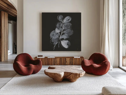 White Eucalyptus II by Chris Paschke. Shown as extra-large giant wall art in a modern living room. Available as an archival giclee rolled canvas, fine art paper, or poster print. SKU 73088a.
