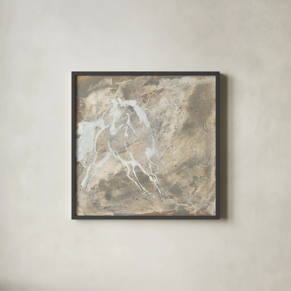 White Horse I by Chris Paschke. Shown in a sleek black glass frame for a contemporary gallery look. Available as an archival giclee rolled canvas, fine art paper, or poster print. SKU 37173a.