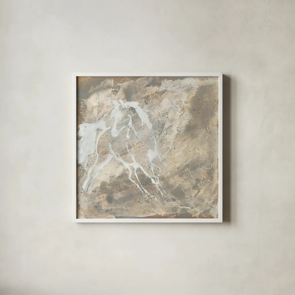 White Horse I by Chris Paschke. Shown in a crisp white glass frame for a clean and minimalist style. Available as an archival giclee rolled canvas, fine art paper, or poster print. SKU 37173a.