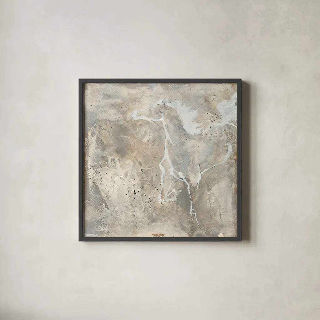 White Horse II by Chris Paschke. Shown in a sleek black glass frame for a contemporary gallery look. Available as an archival giclee rolled canvas, fine art paper, or poster print. SKU 37174a.