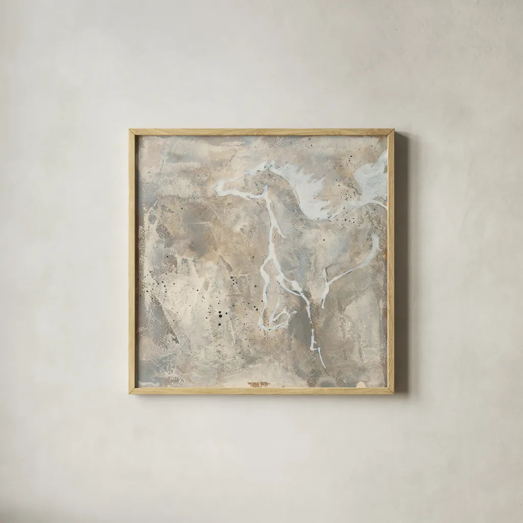 White Horse II by Chris Paschke. Shown in a natural wood glass frame for a timeless modern aesthetic. Available as an archival giclee rolled canvas, fine art paper, or poster print. SKU 37174a.