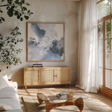 White Line Blues II by Chris Paschke. Shown in a natural wood frame in a cozy modern living room. Available as an archival giclee rolled canvas, fine art paper, or poster print. SKU 74343a.