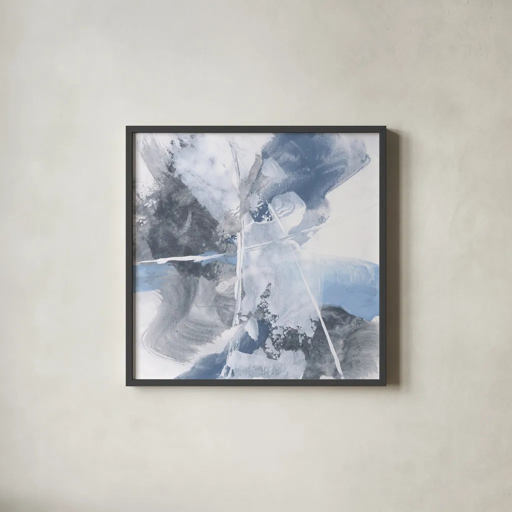 White Line Blues IV by Chris Paschke. Shown in a sleek black glass frame for a contemporary gallery look. Available as an archival giclee rolled canvas, fine art paper, or poster print. SKU 74345a.