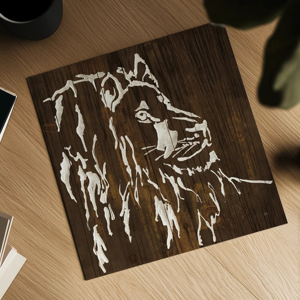 White Lion on Dark Wood by Chris Paschke. Shown as a detailed flat fine art print, highlighting archival giclee quality. Available as an archival giclee rolled canvas, fine art paper, or poster print. SKU 50037a.