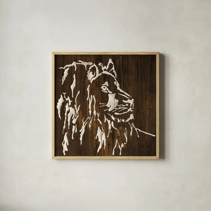 White Lion on Dark Wood by Chris Paschke. Shown in a natural wood glass frame for a timeless modern aesthetic. Available as an archival giclee rolled canvas, fine art paper, or poster print. SKU 50037a.