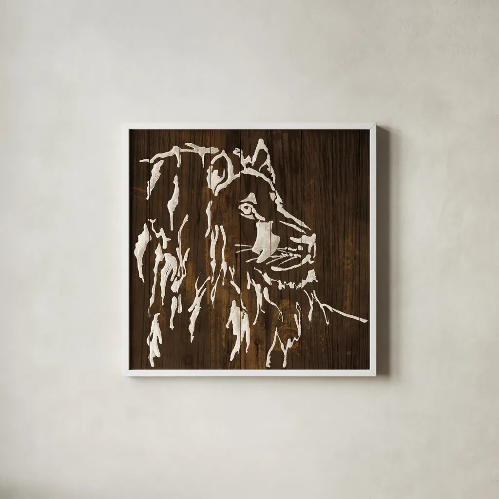 White Lion on Dark Wood by Chris Paschke. Shown in a crisp white glass frame for a clean and minimalist style. Available as an archival giclee rolled canvas, fine art paper, or poster print. SKU 50037a.