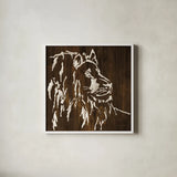 White Lion on Dark Wood by Chris Paschke. Shown in a crisp white glass frame for a clean and minimalist style. Available as an archival giclee rolled canvas, fine art paper, or poster print. SKU 50037a.