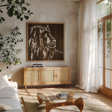 White Lion on Dark Wood by Chris Paschke. Shown in a natural wood frame in a cozy modern living room. Available as an archival giclee rolled canvas, fine art paper, or poster print. SKU 50037a.