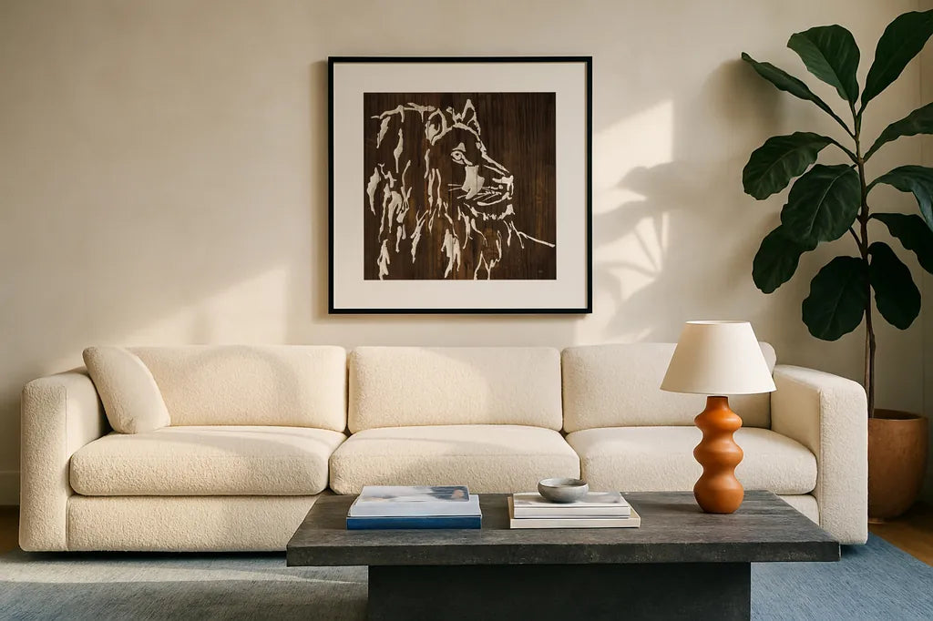 White Lion on Dark Wood by Chris Paschke. Displayed in a glass frame with matte in a clean modern living room. Available as an archival giclee rolled canvas, fine art paper, or poster print. SKU 50037a.