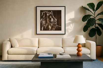 White Lion on Dark Wood by Chris Paschke. Displayed in a glass frame with matte in a clean modern living room. Available as an archival giclee rolled canvas, fine art paper, or poster print. SKU 50037a.