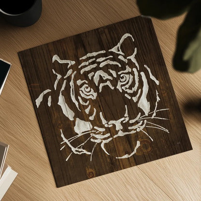 White Tiger on Dark Wood by Chris Paschke. Shown as a detailed flat fine art print, highlighting archival giclee quality. Available as an archival giclee rolled canvas, fine art paper, or poster print. SKU 50038a.