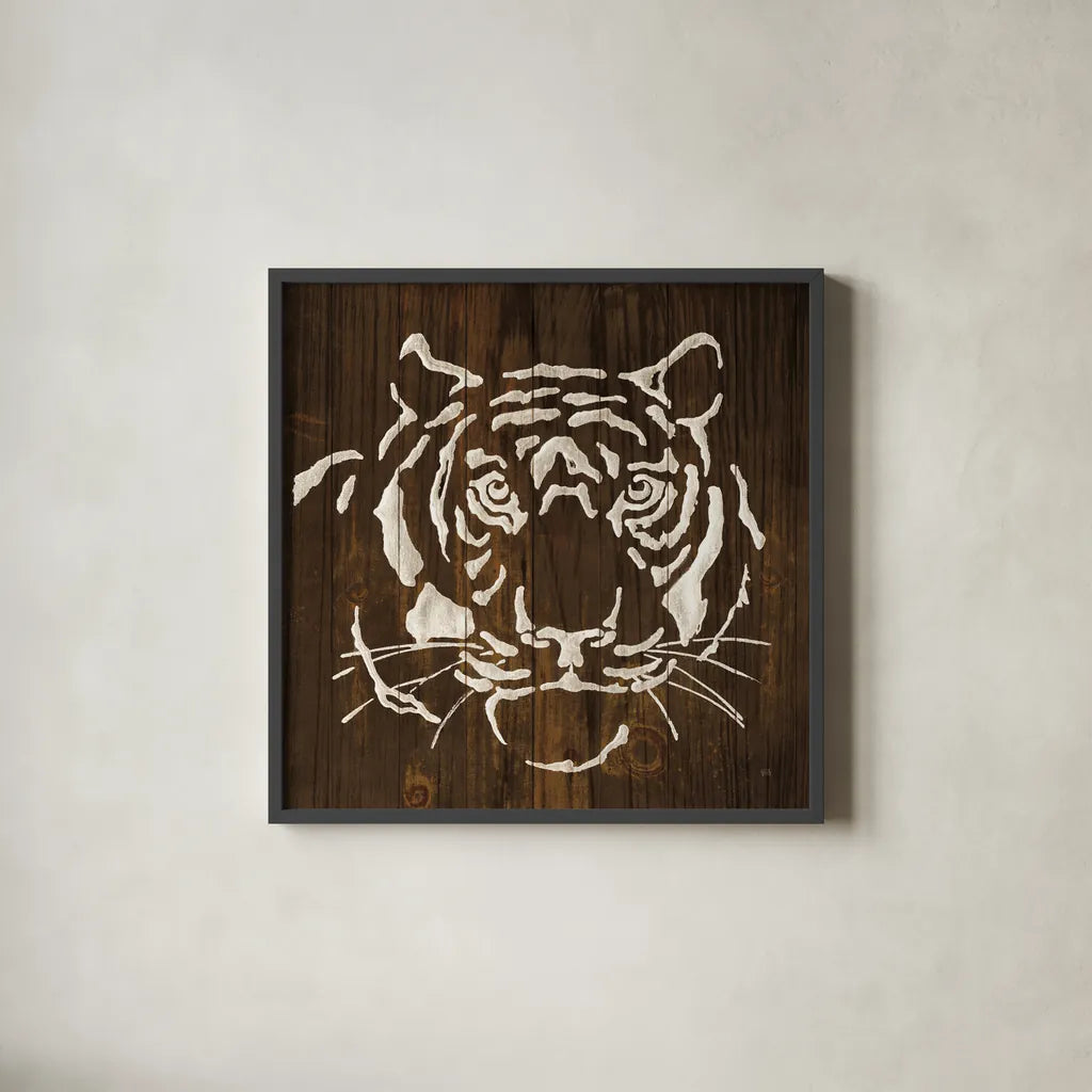 White Tiger on Dark Wood by Chris Paschke. Shown in a sleek black glass frame for a contemporary gallery look. Available as an archival giclee rolled canvas, fine art paper, or poster print. SKU 50038a.