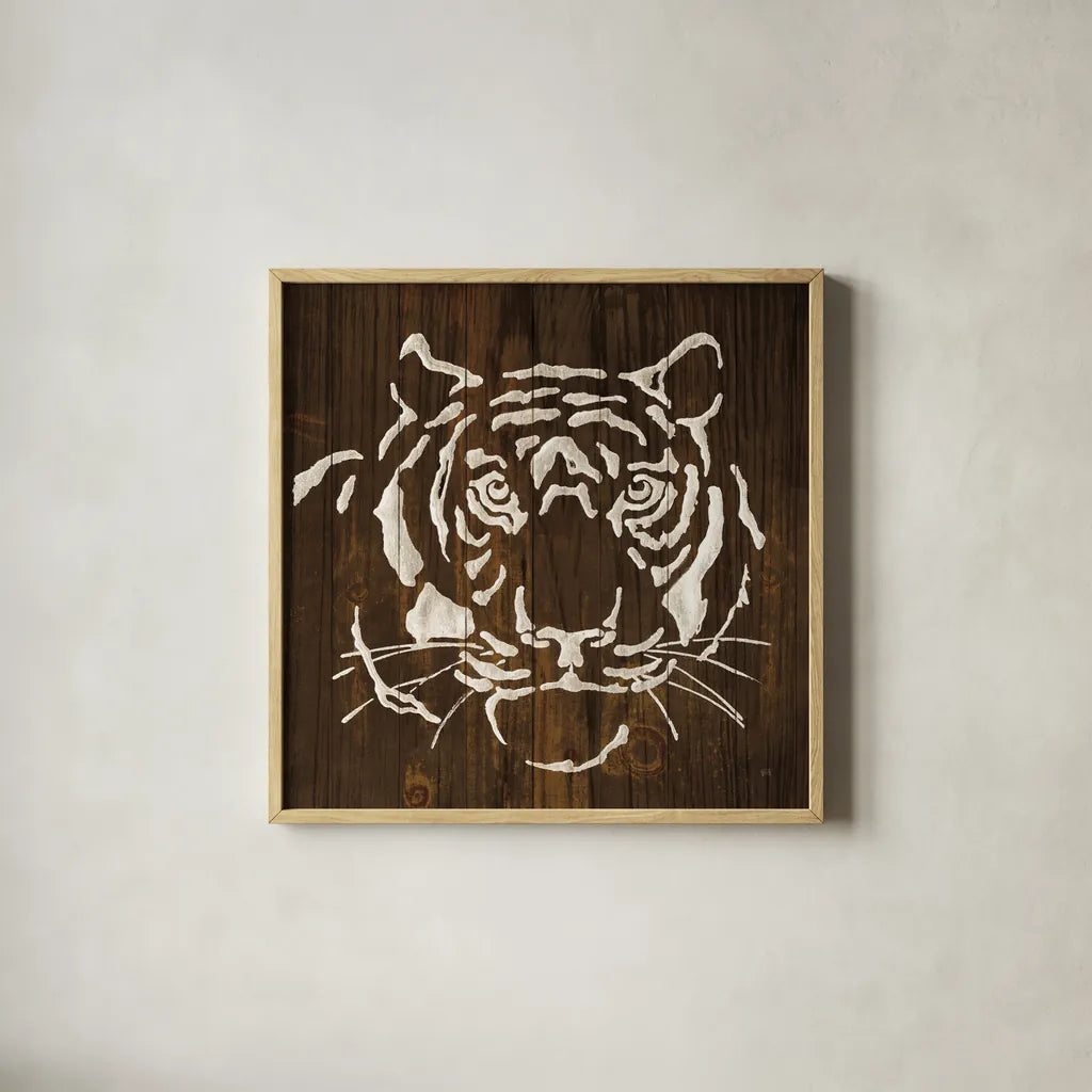 White Tiger on Dark Wood by Chris Paschke. Shown in a natural wood glass frame for a timeless modern aesthetic. Available as an archival giclee rolled canvas, fine art paper, or poster print. SKU 50038a.