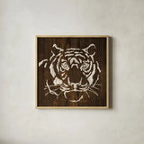 White Tiger on Dark Wood by Chris Paschke. Shown in a natural wood glass frame for a timeless modern aesthetic. Available as an archival giclee rolled canvas, fine art paper, or poster print. SKU 50038a.