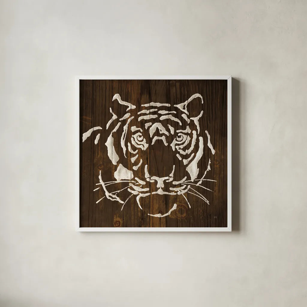 White Tiger on Dark Wood by Chris Paschke. Shown in a crisp white glass frame for a clean and minimalist style. Available as an archival giclee rolled canvas, fine art paper, or poster print. SKU 50038a.