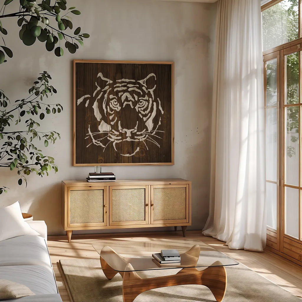 White Tiger on Dark Wood by Chris Paschke. Shown in a natural wood frame in a cozy modern living room. Available as an archival giclee rolled canvas, fine art paper, or poster print. SKU 50038a.