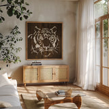White Tiger on Dark Wood by Chris Paschke. Shown in a natural wood frame in a cozy modern living room. Available as an archival giclee rolled canvas, fine art paper, or poster print. SKU 50038a.