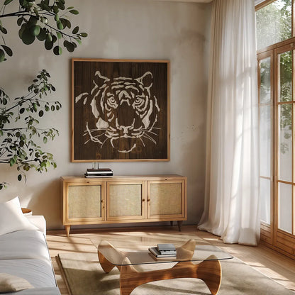 White Tiger on Dark Wood by Chris Paschke. Shown in a natural wood frame in a cozy modern living room. Available as an archival giclee rolled canvas, fine art paper, or poster print. SKU 50038a.