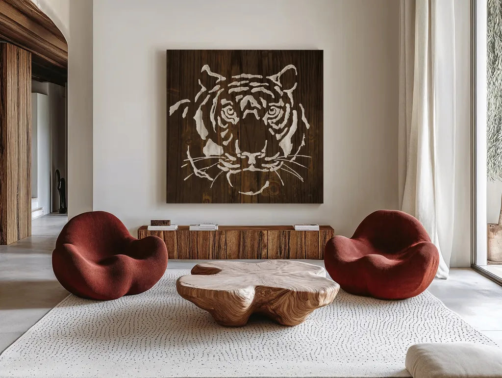 White Tiger on Dark Wood by Chris Paschke. Shown as extra-large giant wall art in a modern living room. Available as an archival giclee rolled canvas, fine art paper, or poster print. SKU 50038a.