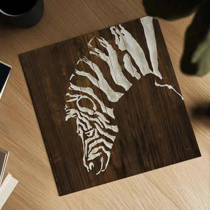 White Zebra on Dark Wood by Chris Paschke. Shown as a detailed flat fine art print, highlighting archival giclee quality. Available as an archival giclee rolled canvas, fine art paper, or poster print. SKU 50039a.