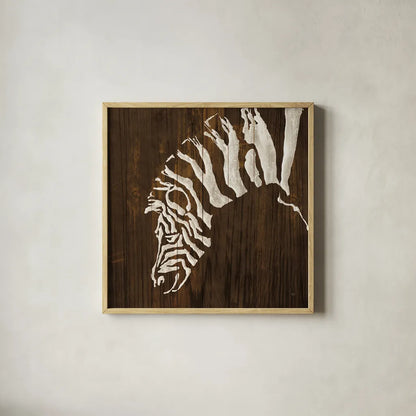 White Zebra on Dark Wood by Chris Paschke. Shown in a natural wood glass frame for a timeless modern aesthetic. Available as an archival giclee rolled canvas, fine art paper, or poster print. SKU 50039a.
