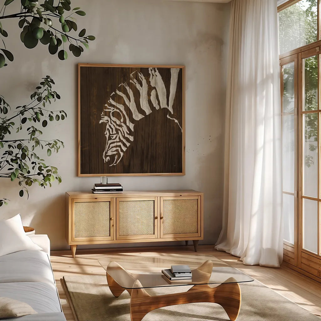 White Zebra on Dark Wood by Chris Paschke. Shown in a natural wood frame in a cozy modern living room. Available as an archival giclee rolled canvas, fine art paper, or poster print. SKU 50039a.