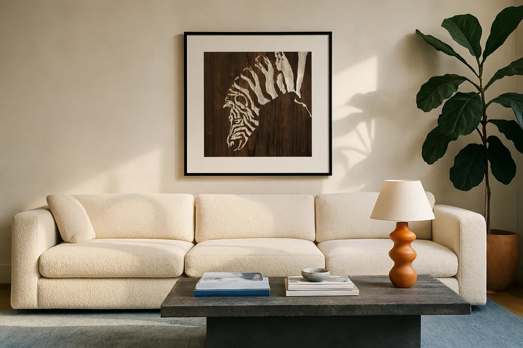 White Zebra on Dark Wood by Chris Paschke. Displayed in a glass frame with matte in a clean modern living room. Available as an archival giclee rolled canvas, fine art paper, or poster print. SKU 50039a.