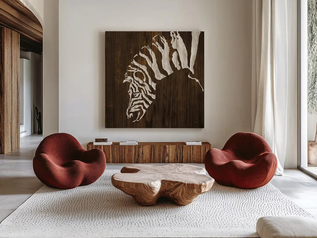 White Zebra on Dark Wood by Chris Paschke. Shown as extra-large giant wall art in a modern living room. Available as an archival giclee rolled canvas, fine art paper, or poster print. SKU 50039a.