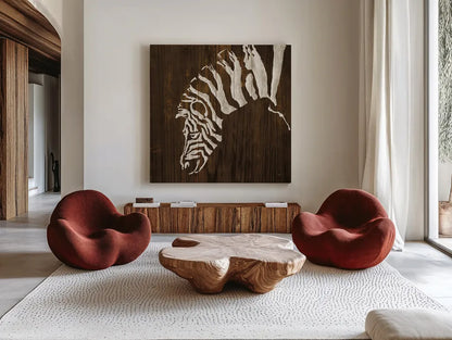 White Zebra on Dark Wood by Chris Paschke. Shown as extra-large giant wall art in a modern living room. Available as an archival giclee rolled canvas, fine art paper, or poster print. SKU 50039a.